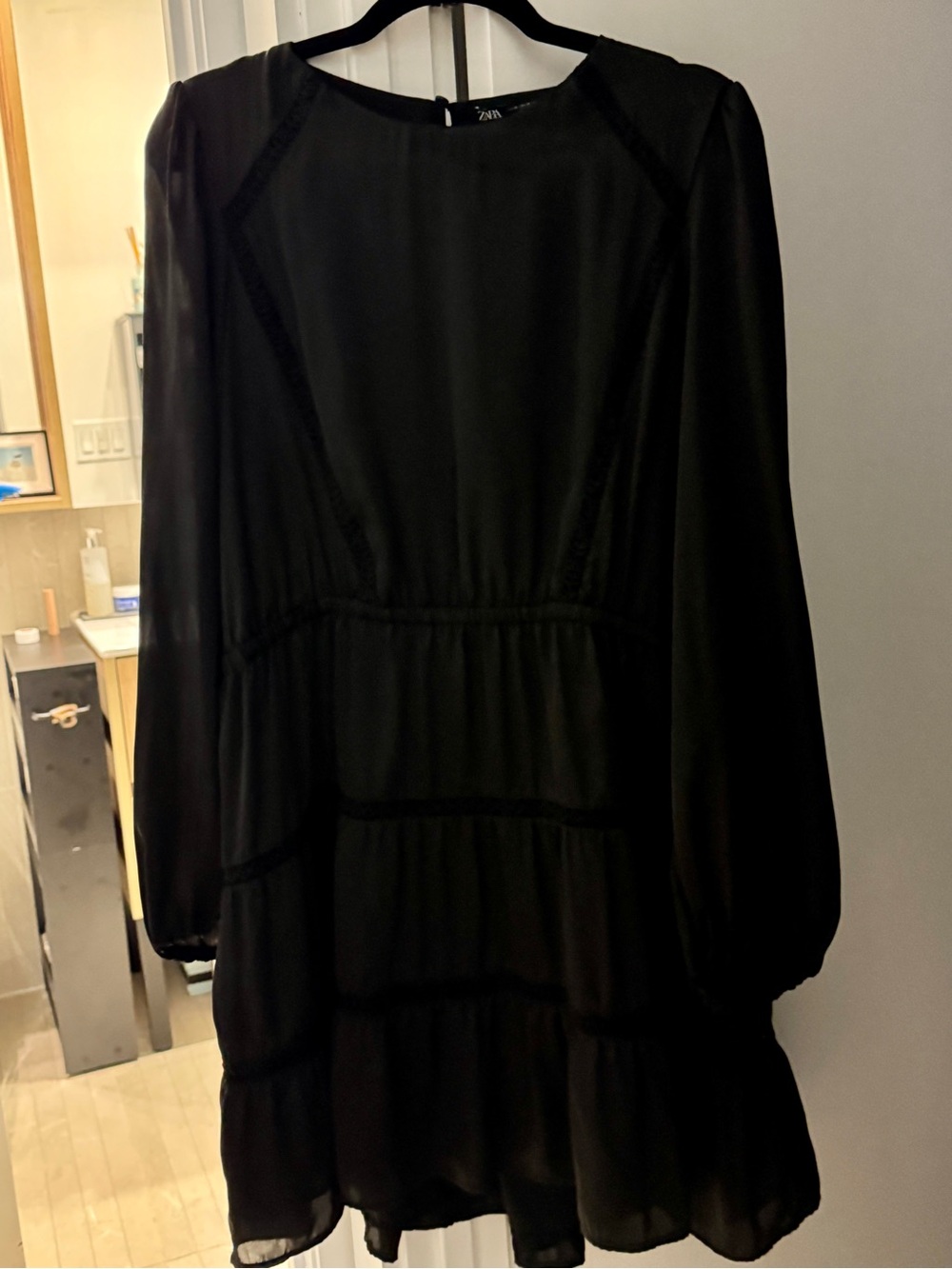 Zara Black Long Sleeve Tiered Mini Dress with Sheer Sleeves